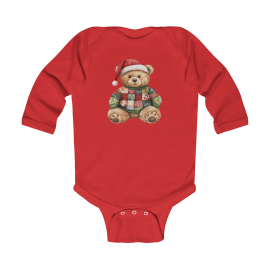 Christmas Bear Onesie: Red baby bodysuit featuring a teddy bear in a Santa hat and Christmas sweater, with durable ribbed bindings and easy-change snaps.