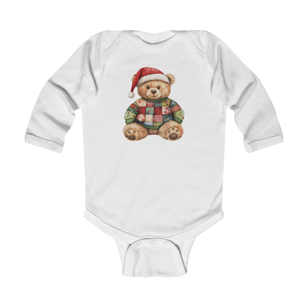 Christmas Bear Onesie: White long-sleeve bodysuit with teddy bear illustration in holiday attire, featuring plastic snaps and ribbed knitting for durability and comfort.