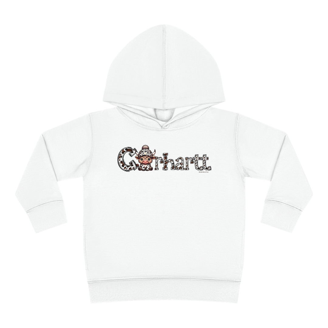 Toddler hoodie with cow and hat logo, jersey-lined hood, cover-stitched details, and side seam pockets for coziness. 60% cotton, 40% polyester blend. Sizes: 2T, 4T, 5-6T. Designed for comfort and durability.