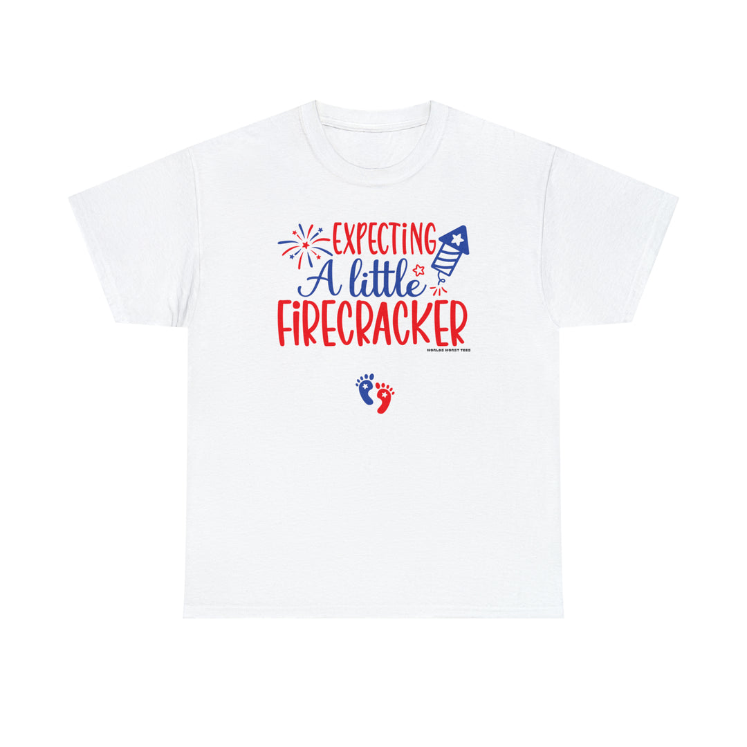 Unisex heavy cotton tee with no side seams, tape on shoulders for durability, and ribbed knit collar. Expecting a Little Firecracker Tee. Classic fit, medium weight fabric, 100% cotton. Sizes S-5XL.
