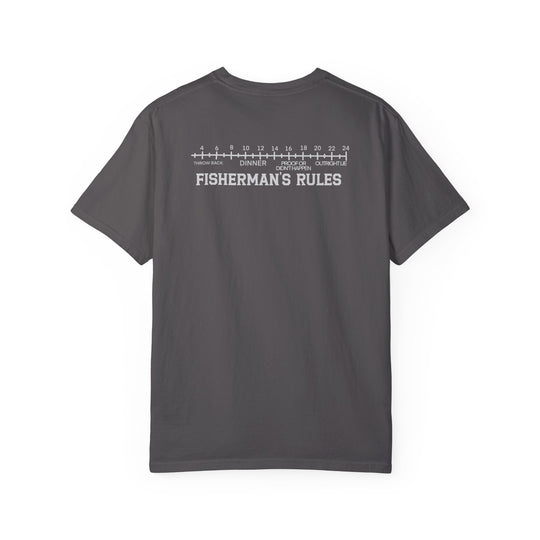Alt text: Lucky Bones Fishing Club Tee: Garment-dyed t-shirt with ring-spun cotton, soft-washed for coziness. Relaxed fit, double-needle stitching for durability, no side-seams for shape retention. Medium weight, ideal for daily wear.