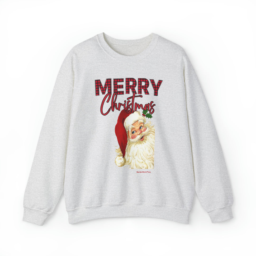 Unisex Christmas Santa Crew sweatshirt, a cozy blend of polyester and cotton. Ribbed knit collar, loose fit, no itchy seams. Sizes S-5XL. From Worlds Worst Tees.