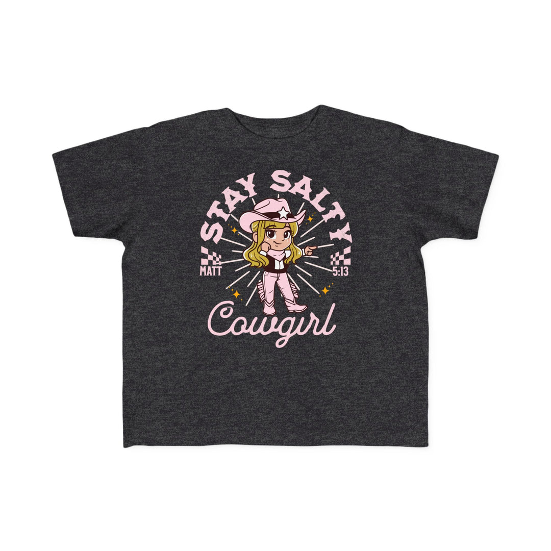 Salty Cowgirl Tee featuring a cartoon girl in a cowboy hat, designed for toddlers with soft cotton fabric and durable print.