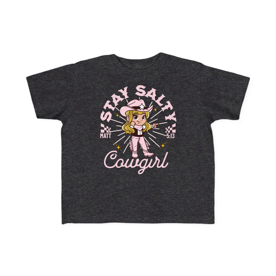 Salty Cowgirl Tee featuring a cartoon girl in a cowboy hat, designed for toddlers with soft cotton fabric and durable print.