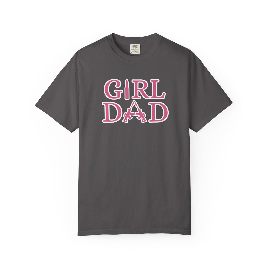 Grey Girl Dad Tee featuring pink text, crafted from soft-washed, garment-dyed ring-spun cotton for comfort and durability, suitable for everyday wear.