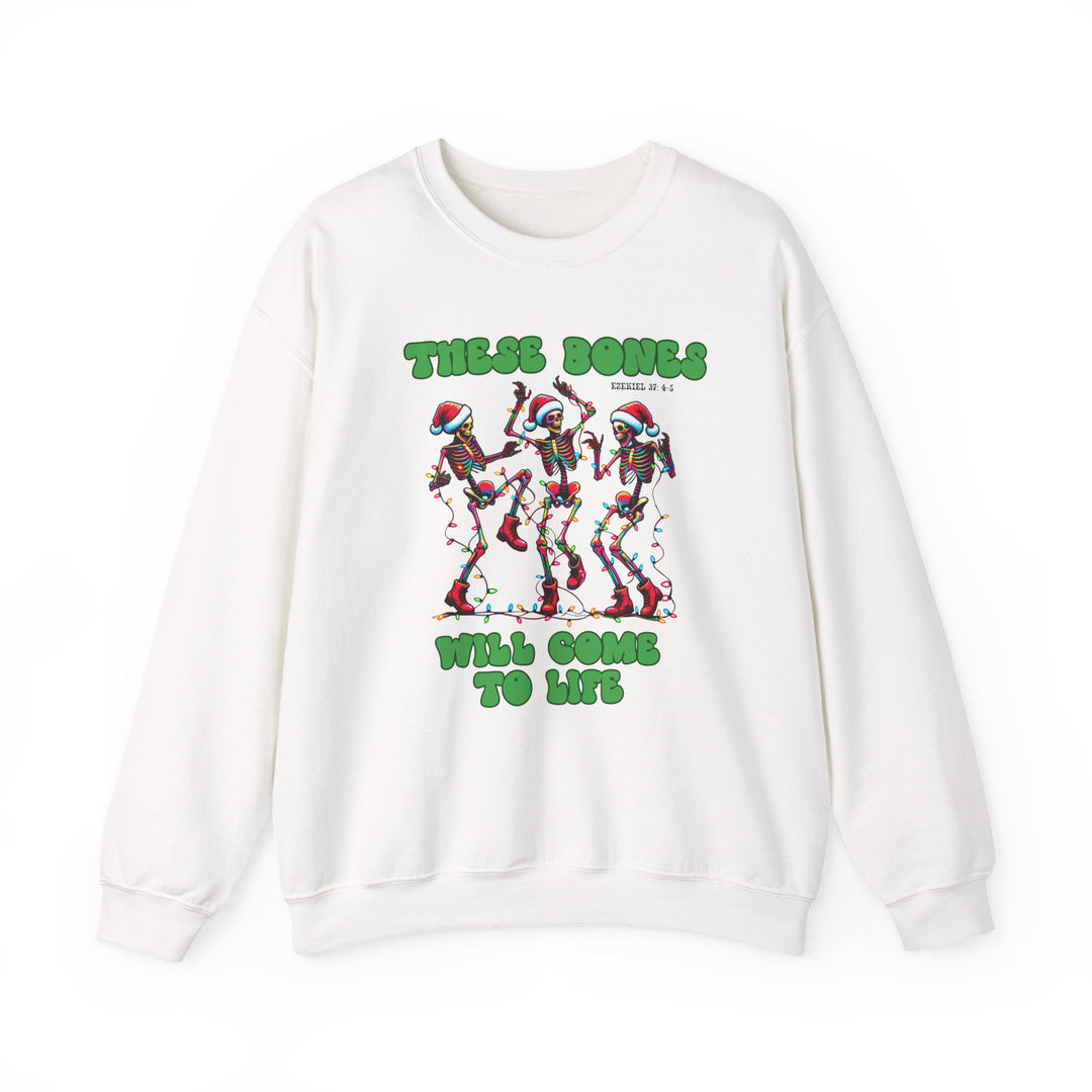 Bones Come to Life Crew sweatshirt with dancing skeletons in Christmas attire, showcasing playful holiday spirit and biblical reference, ideal for cozy, stylish comfort.