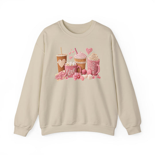 Coffee Love Crew sweatshirt with yarn-style graphics of cozy drinks, hearts, and yarn. Ideal for comfort, featuring a loose fit and ribbed collar.
