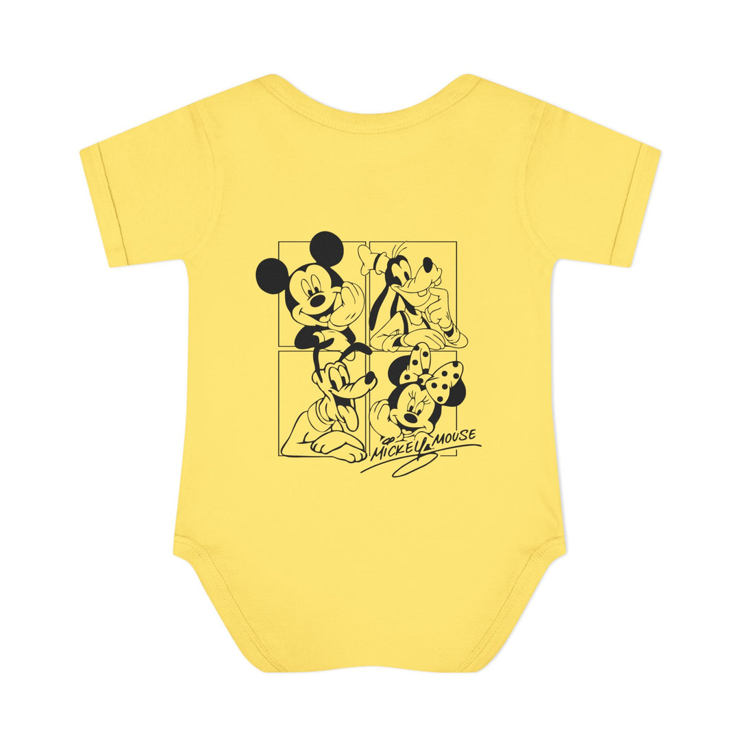 Mickey and CO Onesie: Soft, infant unisex bodysuit with lap shoulders, crafted from ring-spun cotton for comfort and ease of dressing. Ideal for young children.