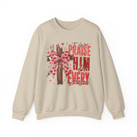 Praise in Every Season Heart Crew: Light-beige crewneck sweatshirt with wooden cross design, pink bow, tiny hearts, sparkles, and inspirational Psalm 146:2 message.