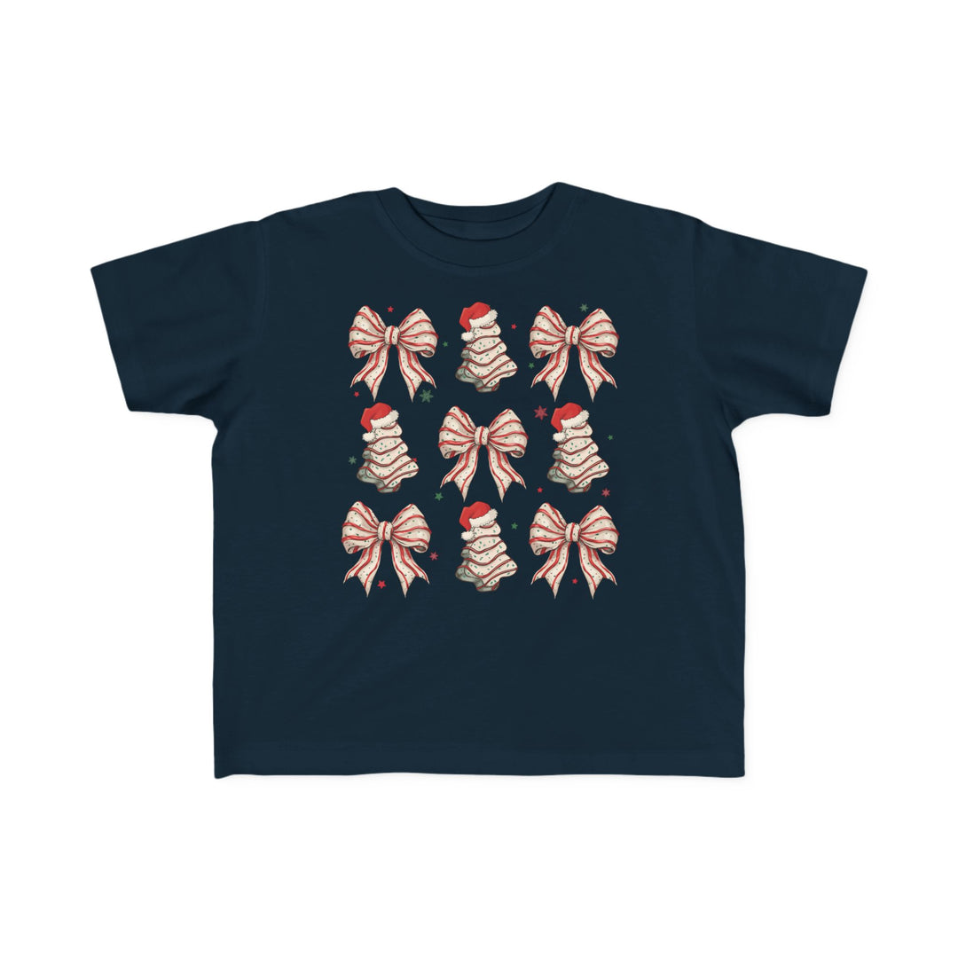 Cookies and Bows Toddler Tee featuring festive icons of ribbon-loop Christmas trees and striped bows, perfect for toddlers. Soft, high-quality cotton ensures comfort and durability.