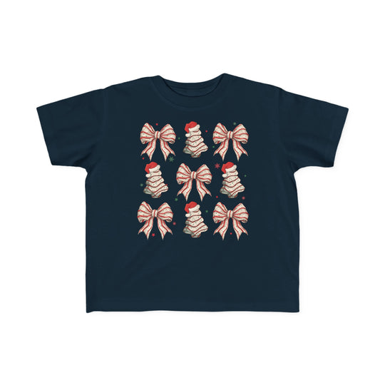 Cookies and Bows Toddler Tee featuring festive icons of ribbon-loop Christmas trees and striped bows, perfect for toddlers. Soft, high-quality cotton ensures comfort and durability.