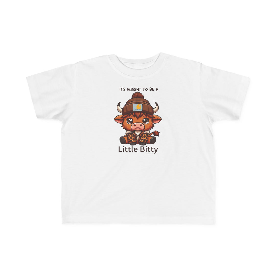 A Little Bitty Toddler Tee featuring a cartoon cow design on a white shirt. Made of soft 100% combed ringspun cotton, light fabric, classic fit, with a tear-away label. Sizes: 2T, 3T, 4T, 5-6T.
