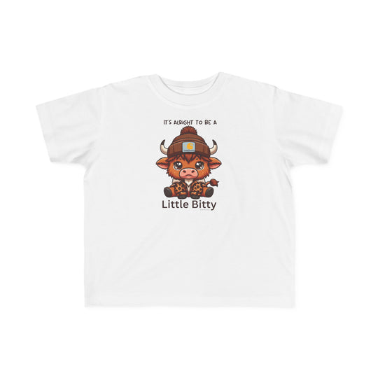 A Little Bitty Toddler Tee featuring a cartoon cow design on a white shirt. Made of soft 100% combed ringspun cotton, light fabric, classic fit, with a tear-away label. Sizes: 2T, 3T, 4T, 5-6T.