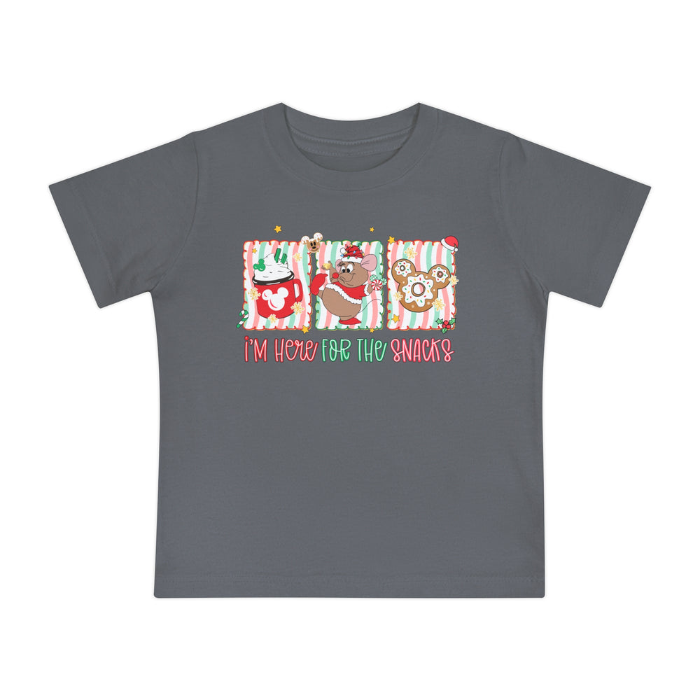 Here for the Snacks Baby Tee featuring festive Mickey-themed graphics, perfect for kids. Comfortable, durable, pre-shrunk cotton blend. Ideal for stylish first steps.