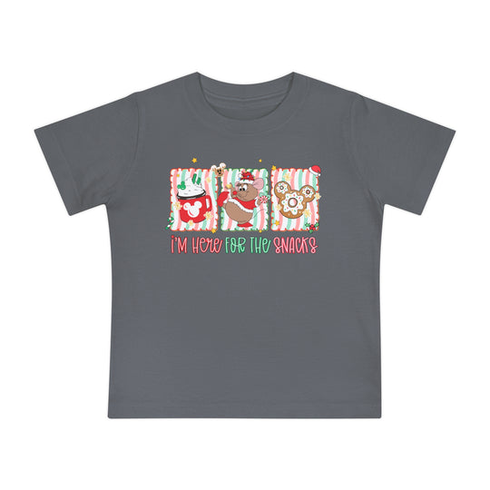 Here for the Snacks Baby Tee featuring festive Mickey-themed graphics, perfect for kids. Comfortable, durable, pre-shrunk cotton blend. Ideal for stylish first steps.