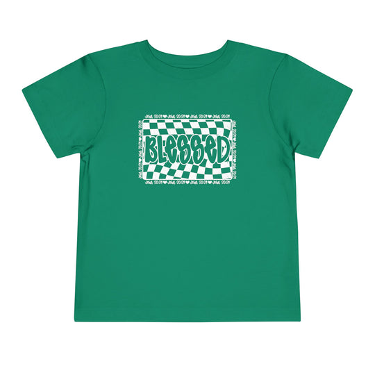 Blessed Toddler Tee: A green t-shirt with white text, designed for toddlers, made of 100% Airlume combed cotton for comfort.