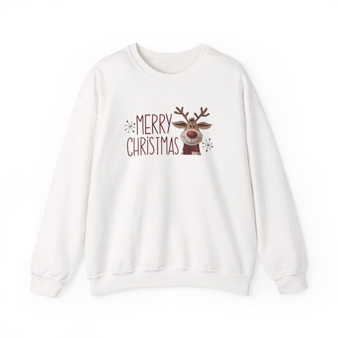 Merry Christmas Reindeer Crew sweatshirt featuring a cartoon reindeer with scarf, Merry Christmas text, and snowflake accents, offering cozy comfort and durability.