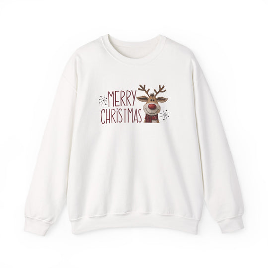 Merry Christmas Reindeer Crew sweatshirt featuring a cartoon reindeer with scarf, Merry Christmas text, and snowflake accents, offering cozy comfort and durability.