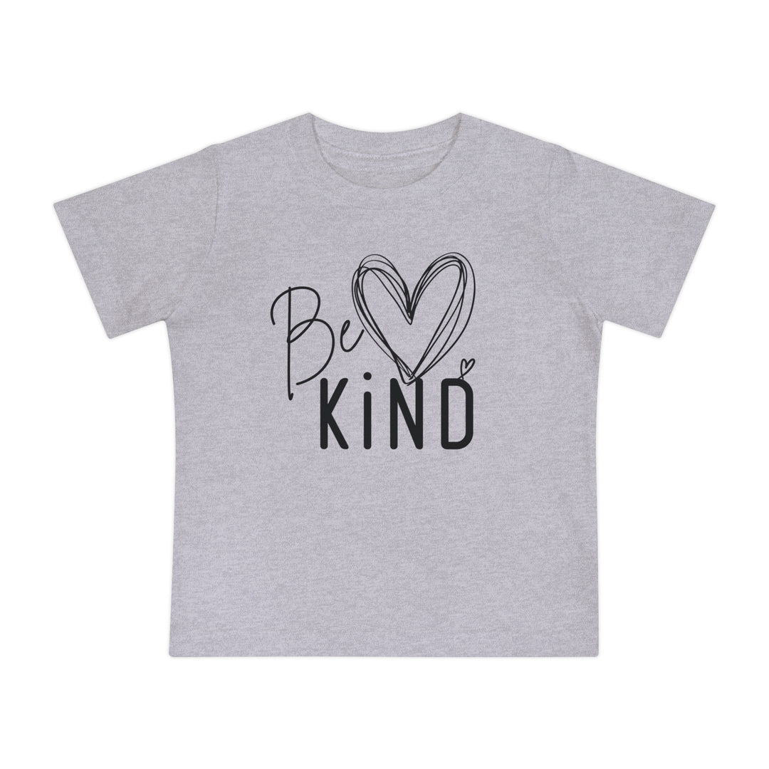Be Kind Baby Tee: Light-gray youth t-shirt featuring Be Kind in handwritten script with heart accents. Super soft, shrink-resistant; perfect for stylish, comfortable baby wear.
