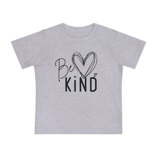 Be Kind Baby Tee: Light-gray youth t-shirt featuring Be Kind in handwritten script with heart accents. Super soft, shrink-resistant; perfect for stylish, comfortable baby wear.