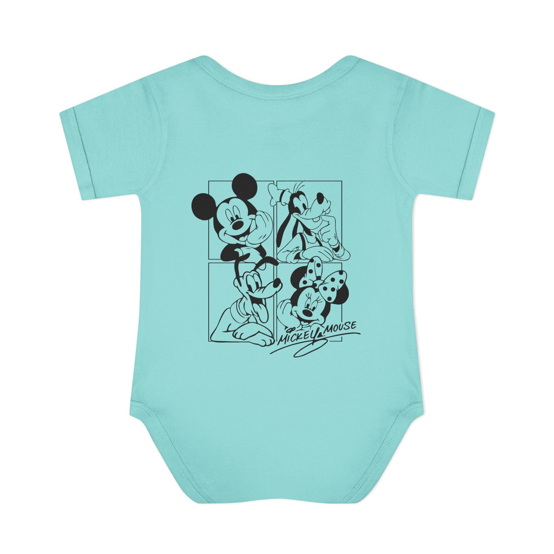 Mickey and CO Onesie: Infant unisex bodysuit with lap shoulders, crafted from soft ring-spun cotton for comfort. Features a tear-away label and light fabric.