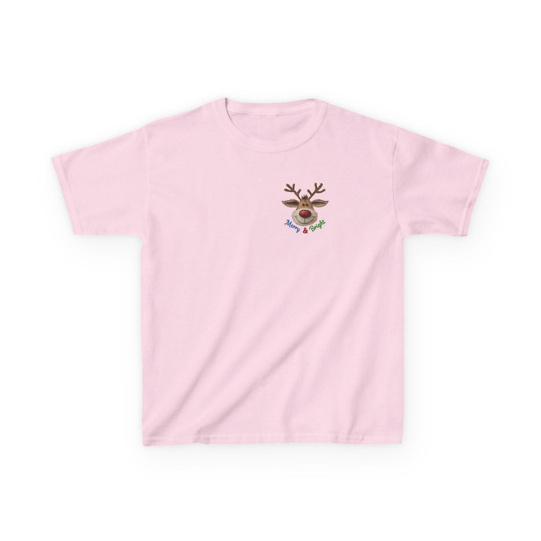 Merry and Bright Kids Tee: Light pink T-shirt featuring a cartoon reindeer head with “Merry & Bright” text, perfect for everyday wear with durable cotton fabric.