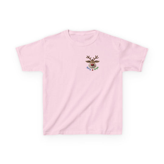 Merry and Bright Kids Tee: Light pink T-shirt featuring a cartoon reindeer head with “Merry & Bright” text, perfect for everyday wear with durable cotton fabric.