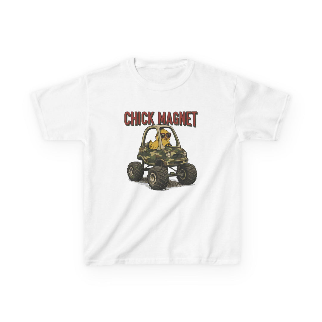 Chick Magnet Kids Tee featuring a cartoon chick in sunglasses driving a camo monster truck, with CHICK MAGNET in bold letters across the chest.