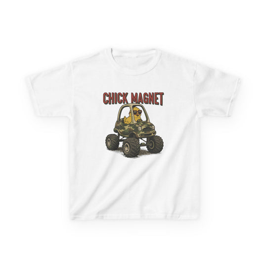 Chick Magnet Kids Tee featuring a cartoon chick in sunglasses driving a camo monster truck, with CHICK MAGNET in bold letters across the chest.