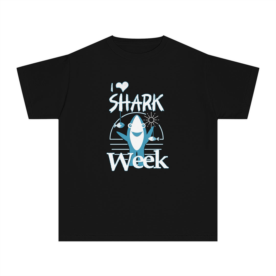 I Love Shark Week Kids Tee, a soft-washed, garment-dyed t-shirt made from 100% combed ringspun cotton, designed for comfort and agility in children's active schedules.