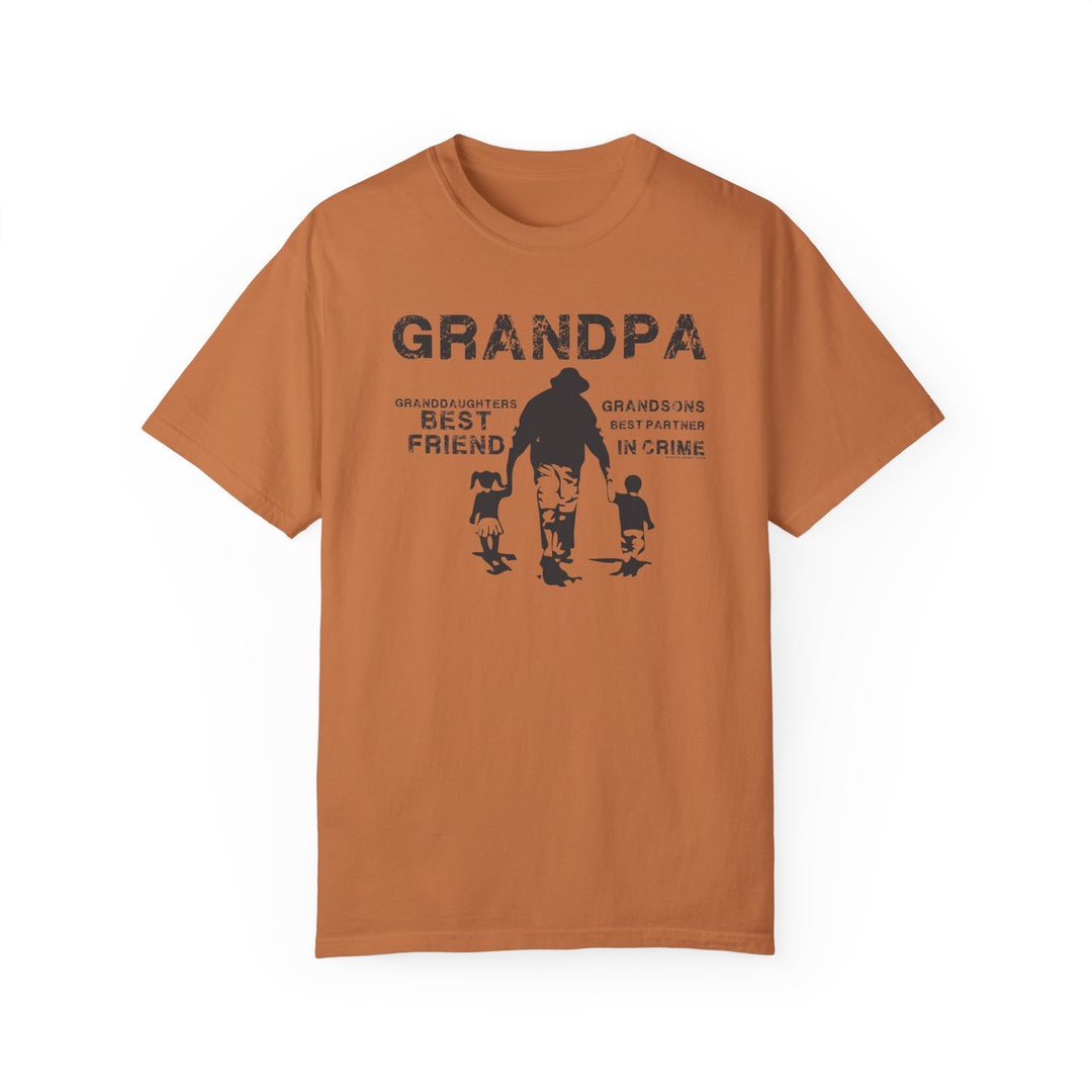 Grandpa and Grandkids Tee: A relaxed-fit, garment-dyed t-shirt featuring a graphic of a man and child holding hands. Made of 100% ring-spun cotton for comfort and durability. Ideal for daily wear.
