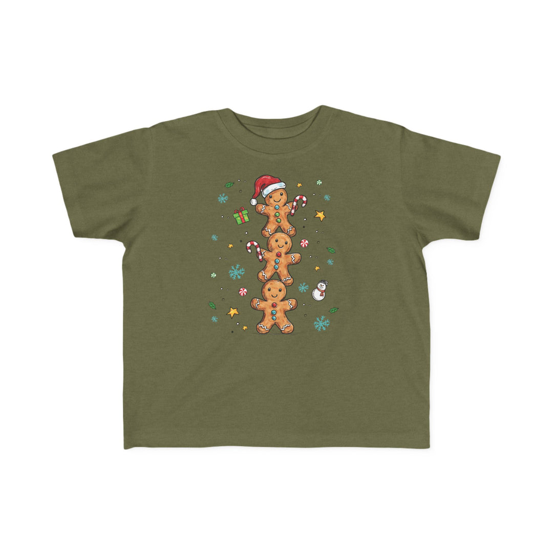 Gingerbread Stack Toddler Tee featuring three festive gingerbread men with candy canes and holiday accents, perfect for toddlers with soft, durable cotton.