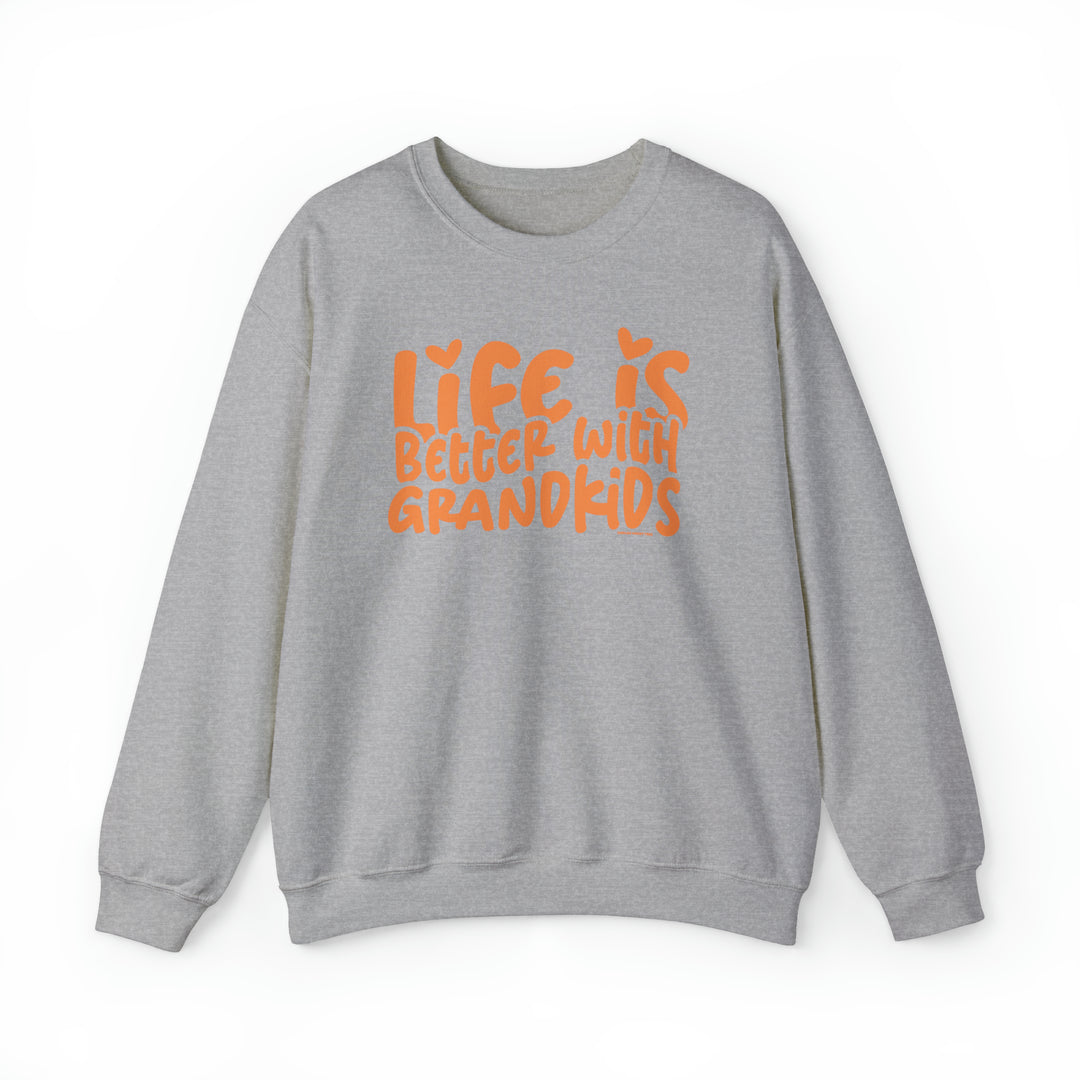 Unisex heavy blend crewneck sweatshirt featuring Life is Better With Grandkids design. Medium-heavy fabric, ribbed knit collar, no itchy side seams. Sizes S-5XL. Sewn-in label. Ideal comfort for all.