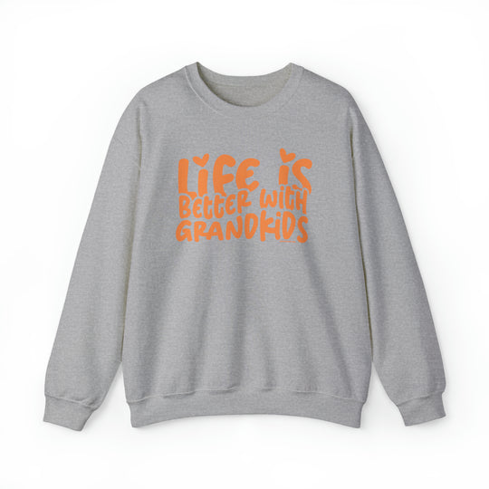 Unisex heavy blend crewneck sweatshirt featuring Life is Better With Grandkids design. Medium-heavy fabric, ribbed knit collar, no itchy side seams. Sizes S-5XL. Sewn-in label. Ideal comfort for all.