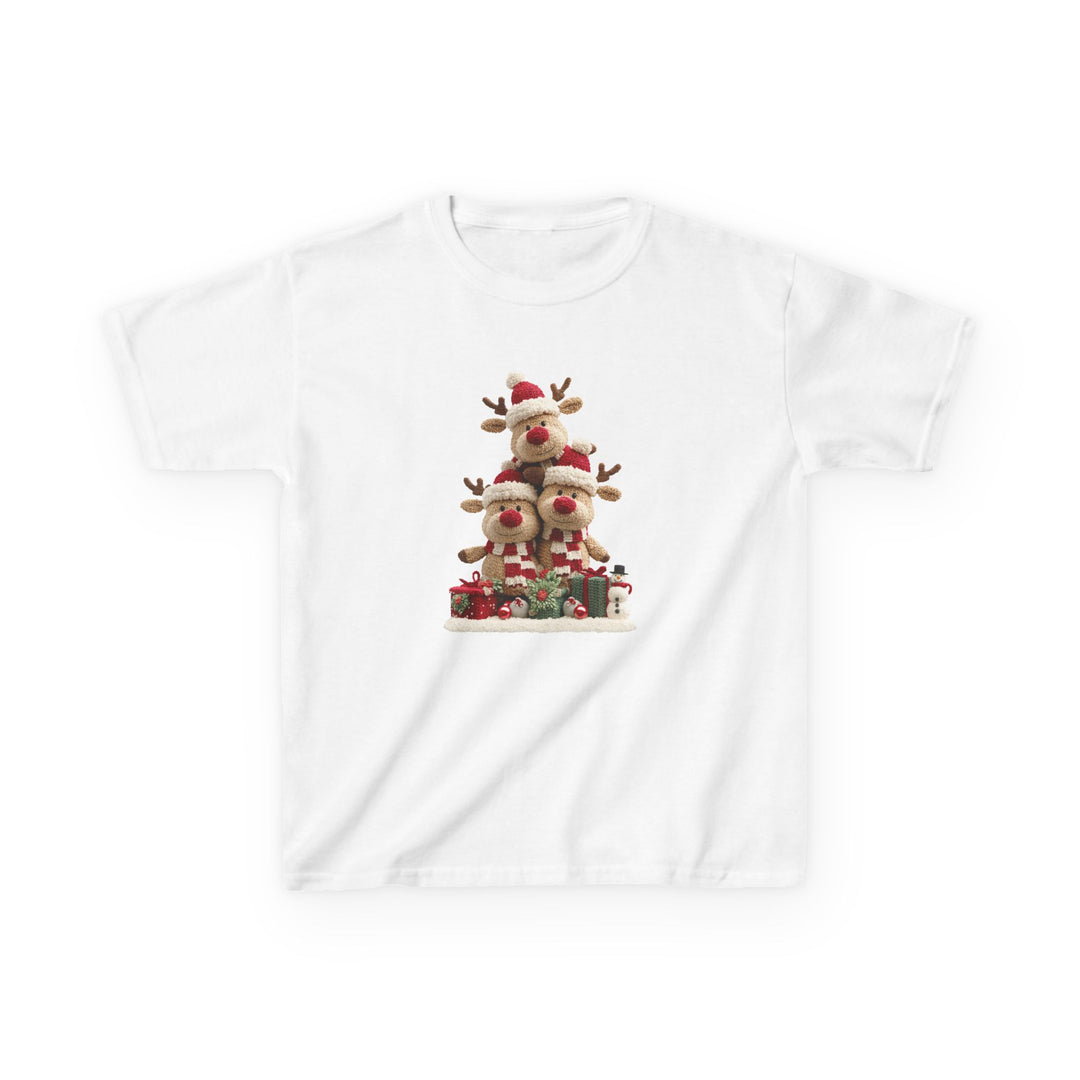 Reindeer Tree Kids Tee featuring three reindeer plushes in Santa hats, surrounded by presents and a snowman, printed on a soft, durable cotton T-shirt.