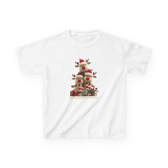 Reindeer Tree Kids Tee featuring three reindeer plushes in Santa hats, surrounded by presents and a snowman, printed on a soft, durable cotton T-shirt.