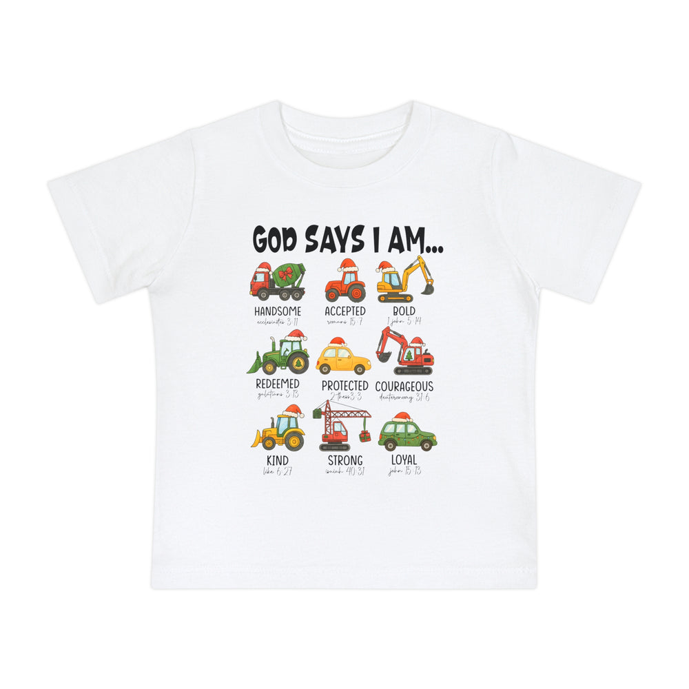 God Says Christmas Truck Baby Tee: White children's T-shirt featuring cartoon vehicles with Santa hats, each with a positive descriptor and Bible reference, promoting faith-based festive cheer.