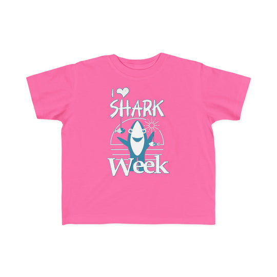 Toddler wearing I Love Shark Week tee, showcasing a soft, durable cotton fabric ideal for sensitive skin. Perfect for young adventurers.