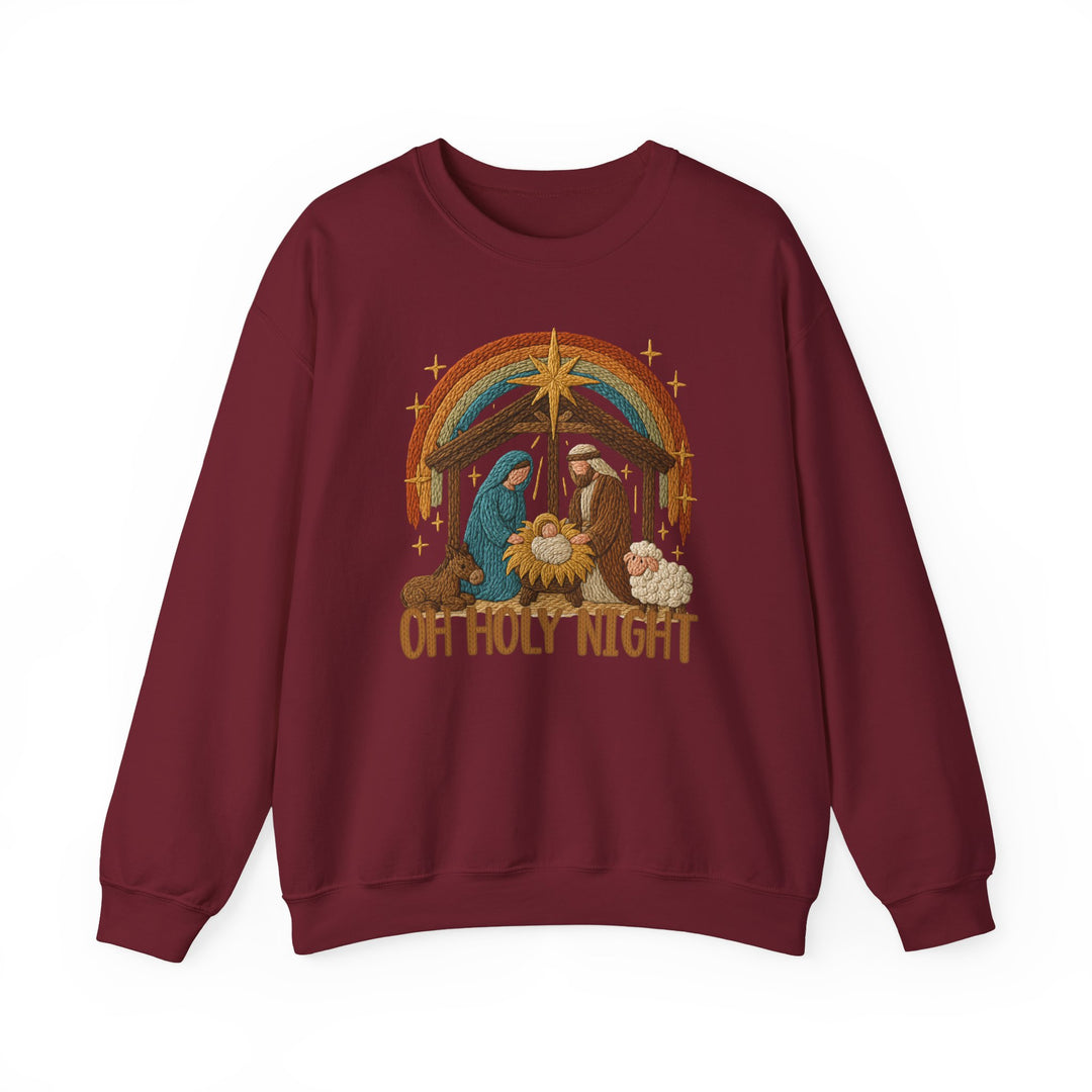 Oh Holy Night Crew: Burgundy crewneck sweatshirt featuring a stitched Nativity scene with Mary, Joseph, baby Jesus, and animals, perfect for cozy, festive wear.