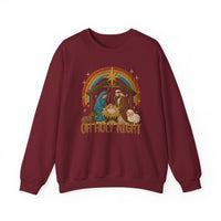 Oh Holy Night Crew: Burgundy crewneck sweatshirt featuring a stitched Nativity scene with Mary, Joseph, baby Jesus, and animals, perfect for cozy, festive wear.
