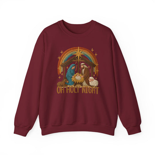 Oh Holy Night Crew: Burgundy crewneck sweatshirt featuring a stitched Nativity scene with Mary, Joseph, baby Jesus, and animals, perfect for cozy, festive wear.