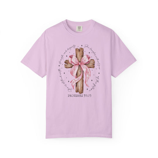 Proverbs 31:25 Tee featuring a rustic cross with a pink ribbon and inspirational verse, offering a relaxed fit in various sizes for comfort and style.