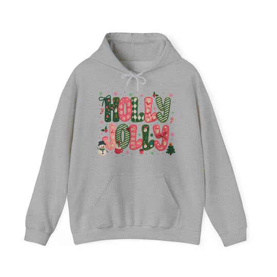 Light-gray Holly Jolly hoodie with festive red and green graphic, featuring holiday icons and kangaroo pocket, designed for cozy warmth and style.