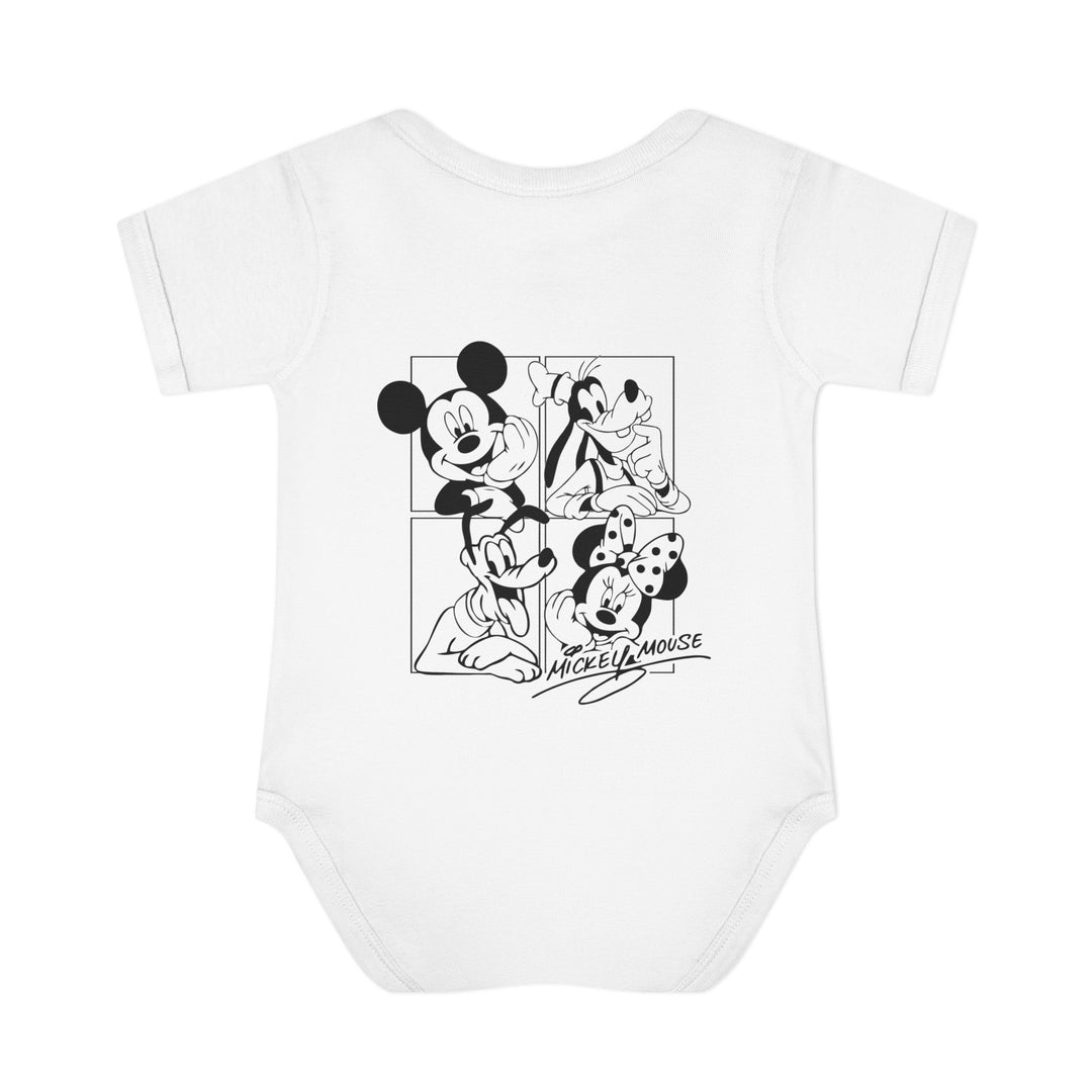 Mickey and CO Onesie featuring soft, ring-spun cotton with lap shoulders for easy dressing. Unisex fit, ideal for infants, ensuring comfort and ease of movement.