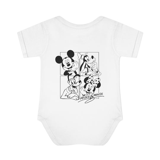 Mickey and CO Onesie featuring soft, ring-spun cotton with lap shoulders for easy dressing. Unisex fit, ideal for infants, ensuring comfort and ease of movement.