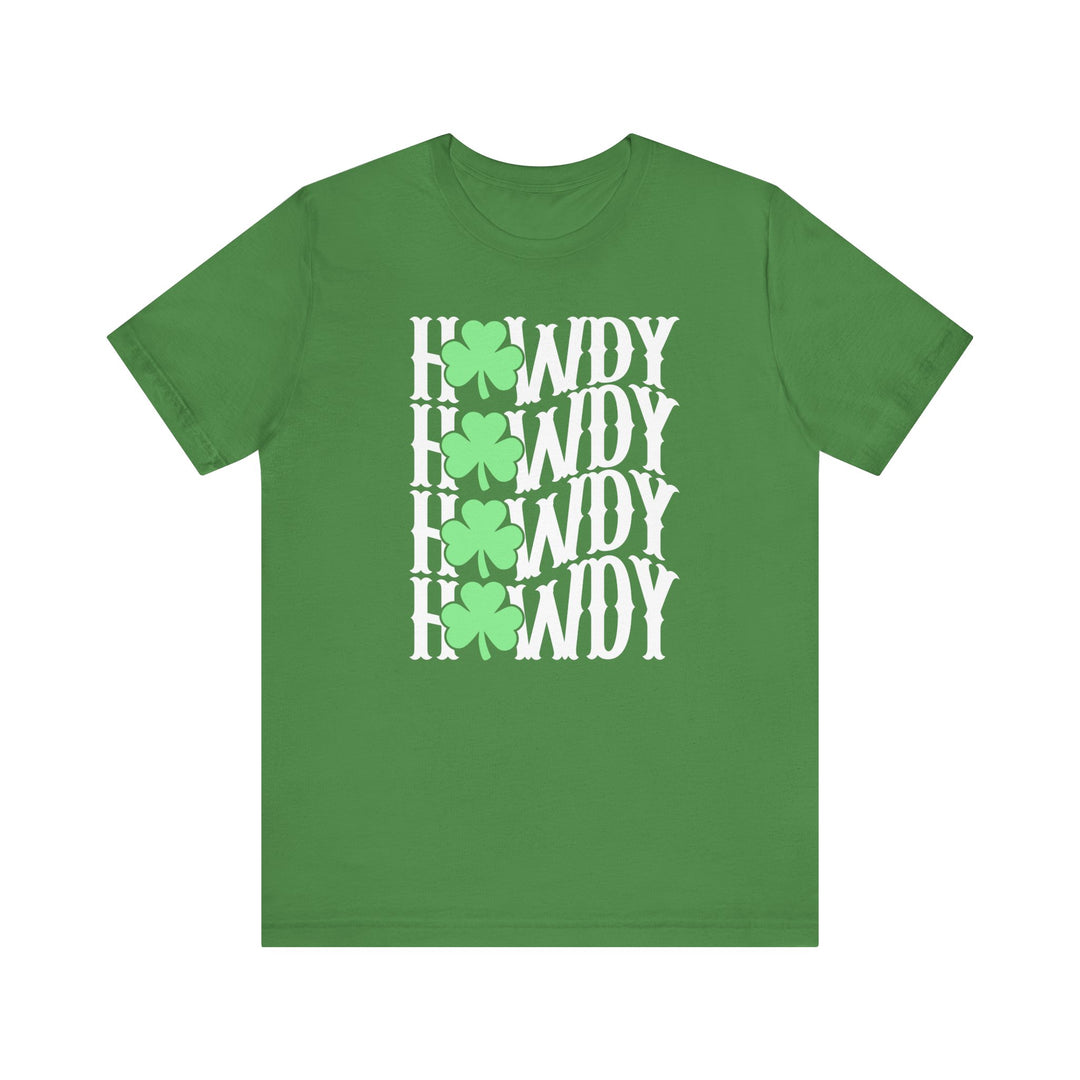 Howdy Lucky Tee featuring a green shirt with white text and a clover design. This soft, unisex jersey tee offers a comfortable and lasting fit.