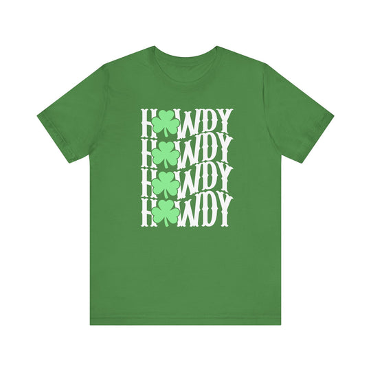 Howdy Lucky Tee featuring a green shirt with white text and a clover design. This soft, unisex jersey tee offers a comfortable and lasting fit.