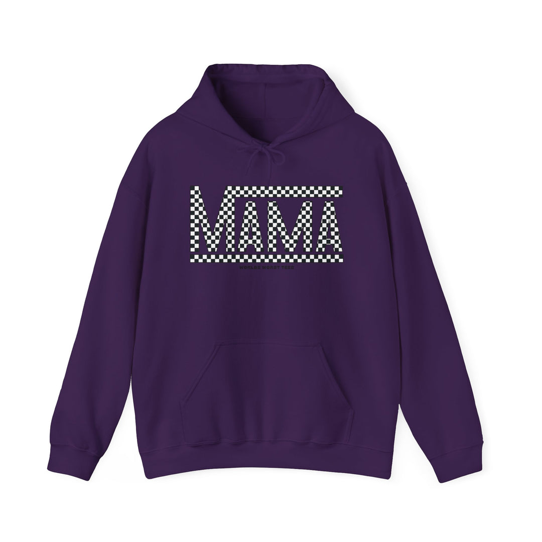 A cozy Vans Mama Hoodie in purple with a white and black checkered pattern. Unisex heavy blend, cotton-polyester fabric, kangaroo pocket, and drawstring hood. Ideal for warmth and comfort.