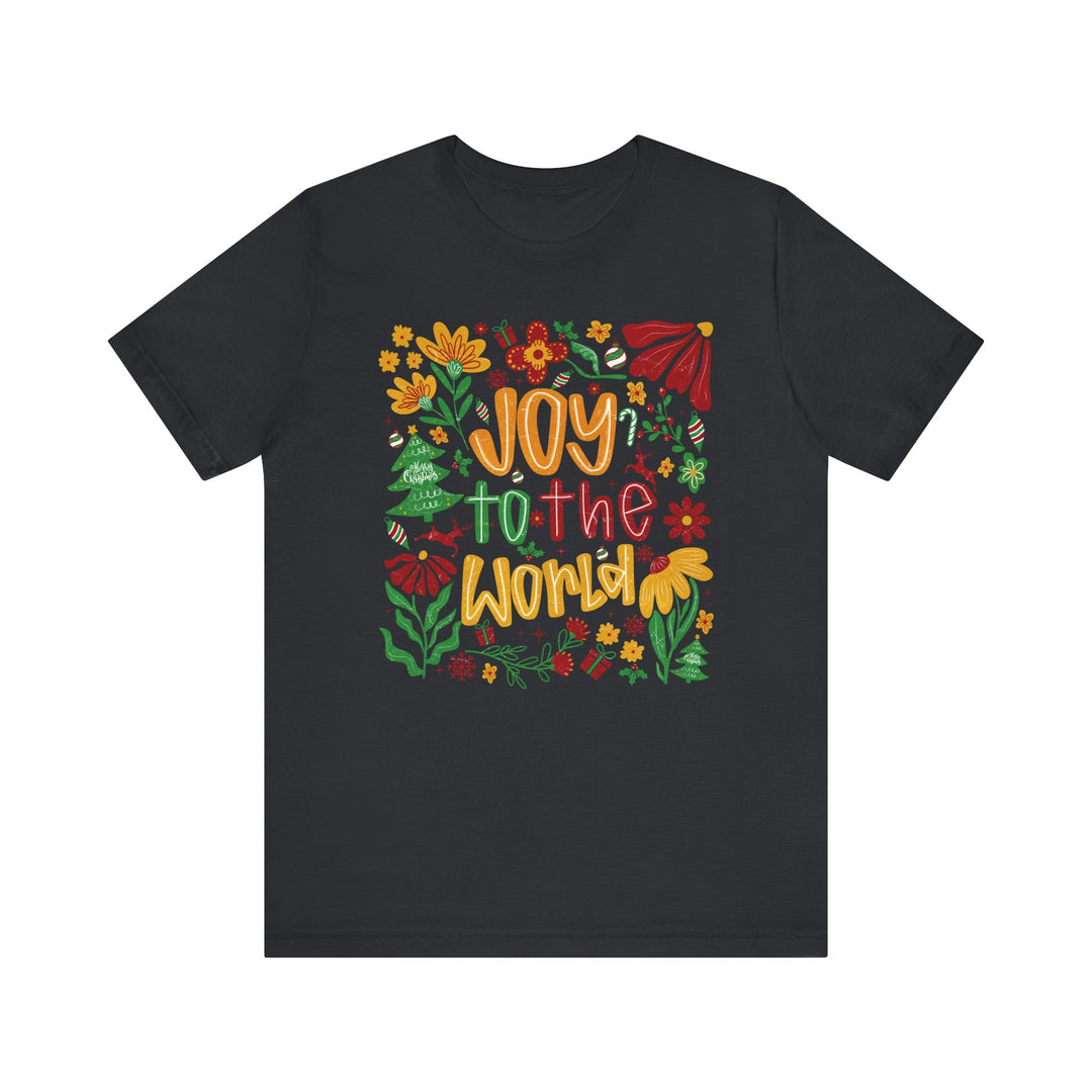 Joy to the World Tee featuring festive holiday motifs, including poinsettias and reindeer, on a dark crew-neck design, perfect for seasonal celebrations.
