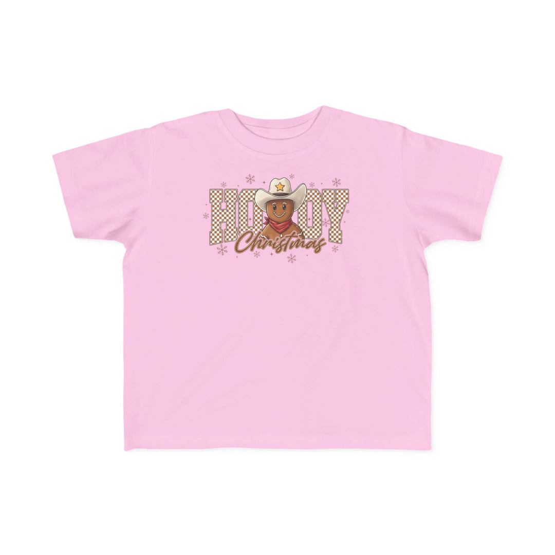 Howdy Christmas Toddler Tee featuring a festive graphic with HOWDY, a gingerbread-man cowboy, and snowflakes, perfect for toddlers' sensitive skin.